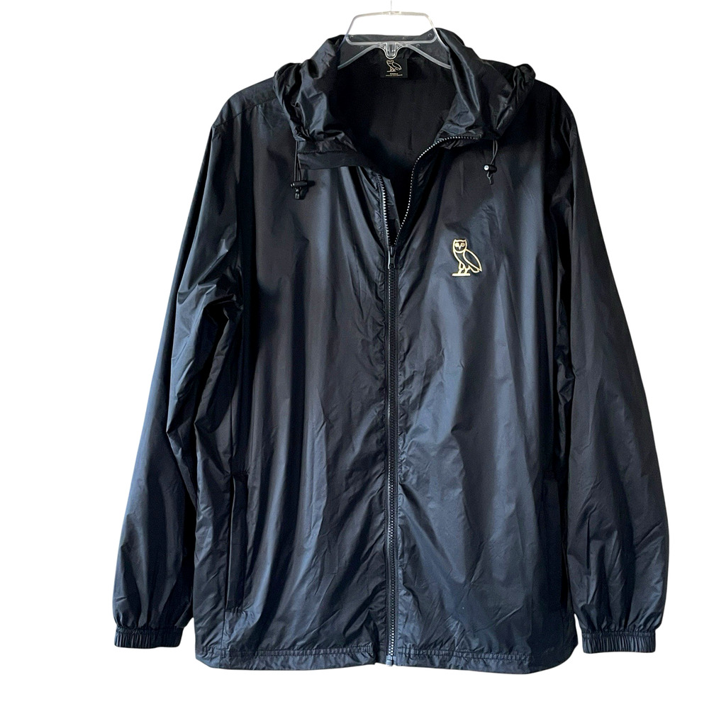 OVO Men Size Small Black Micro-Ripstop DRAKE Gold Owl Zip Hooded Windbreaker NEW